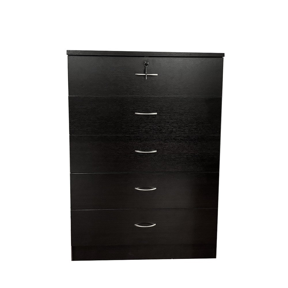 Rex Tall Dresser Chest, 5 Drawers w Lock, Metal Handles, Modern Black -BM334625