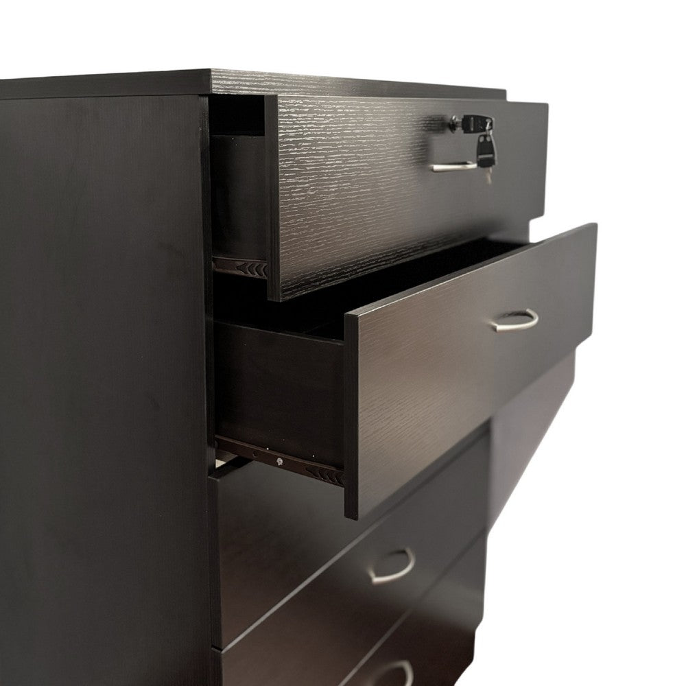 Rex Tall Dresser Chest, 5 Drawers w Lock, Metal Handles, Modern Black -BM334625