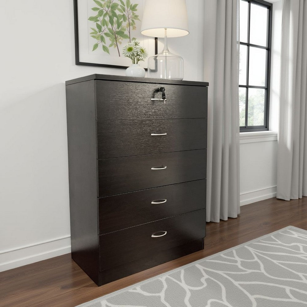 Rex Tall Dresser Chest, 5 Drawers w Lock, Metal Handles, Modern Black -BM334625