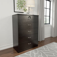 Rex Tall Dresser Chest, 5 Drawers w Lock, Metal Handles, Modern Black -BM334625