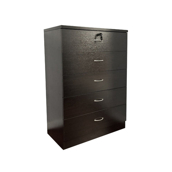 Rex Tall Dresser Chest, 5 Drawers w Lock, Metal Handles, Modern Black -BM334625