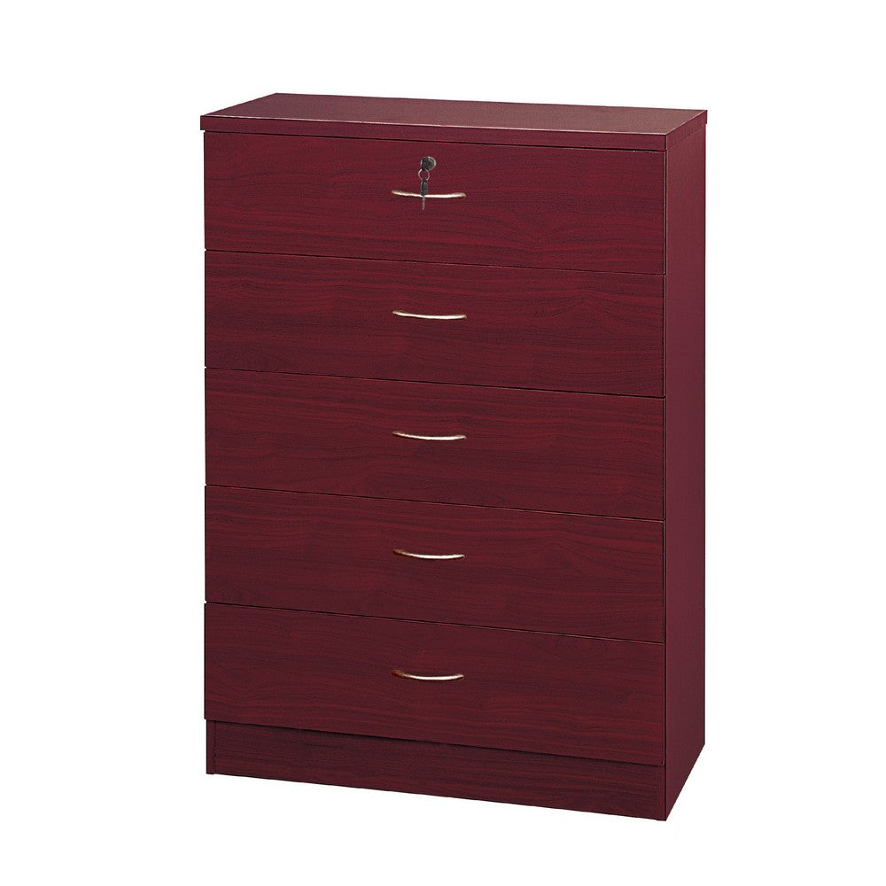 Rex Tall Dresser Chest, 5 Drawers with 1 Locking, Mahogany Red Brown -BM334626