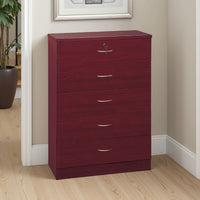 Rex Tall Dresser Chest, 5 Drawers with 1 Locking, Mahogany Red Brown -BM334626