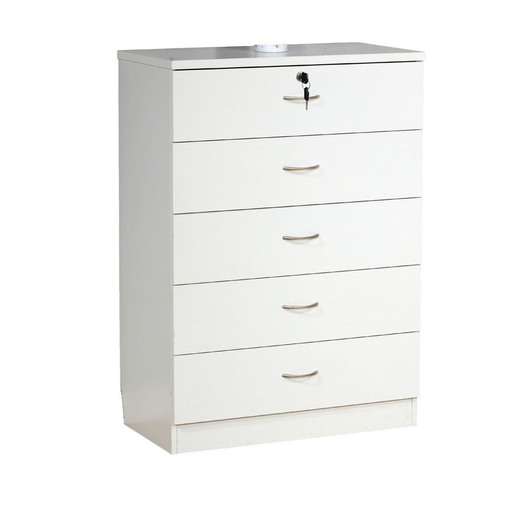 Rex Tall Dresser Chest, 5 Drawers with 1 Locking, Modern White -BM334628