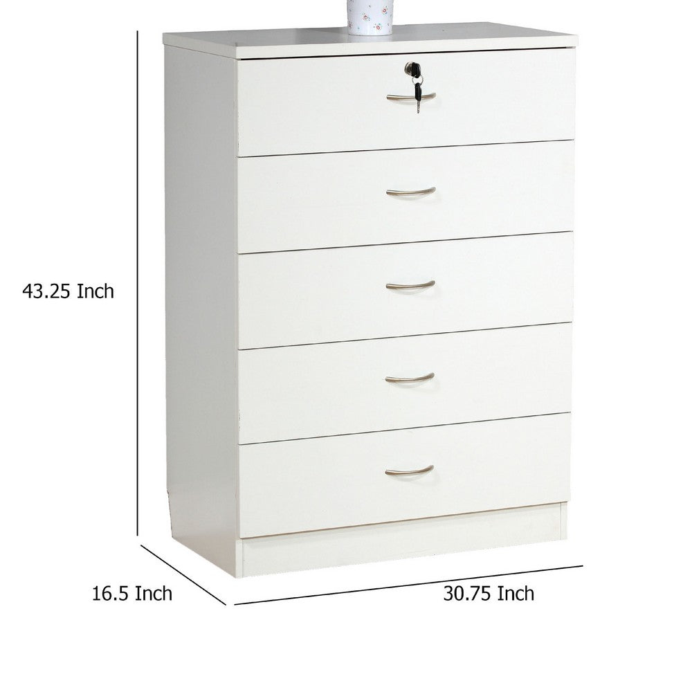 Rex Tall Dresser Chest, 5 Drawers with 1 Locking, Modern White -BM334628