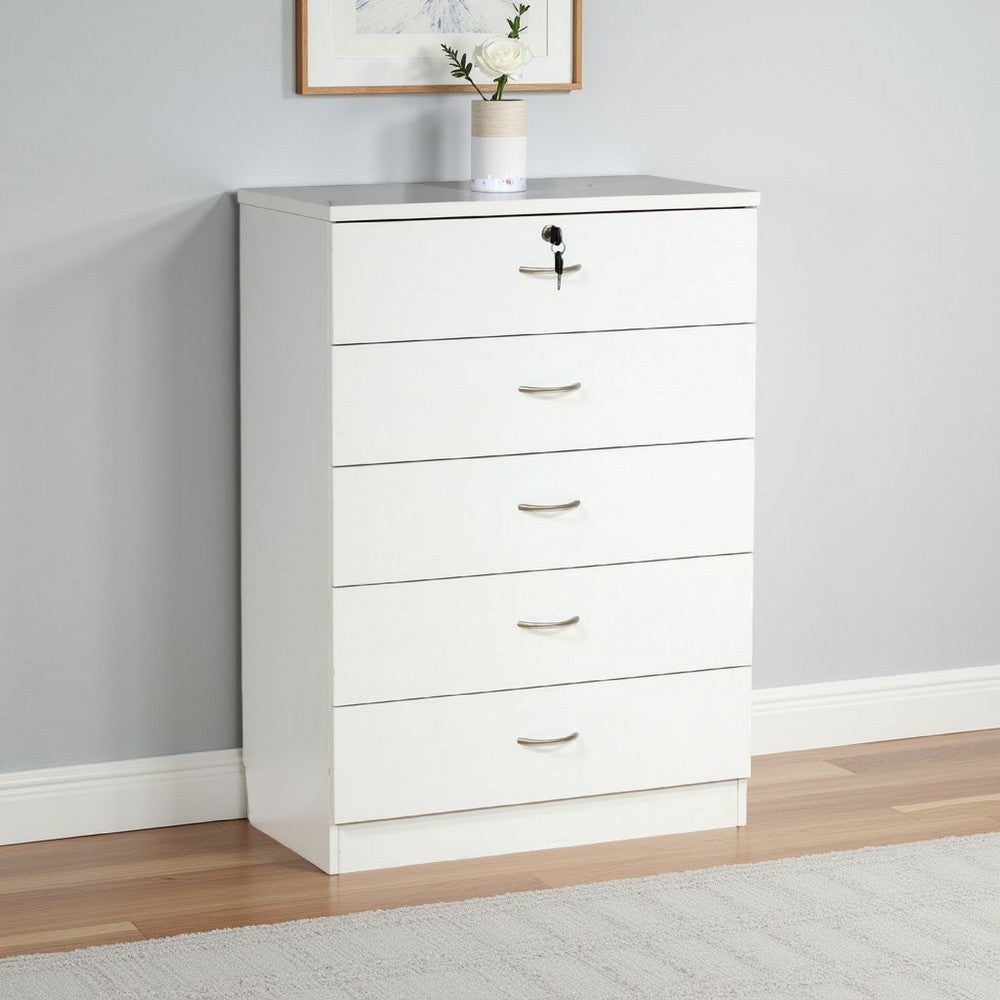 Rex Tall Dresser Chest, 5 Drawers with 1 Locking, Modern White -BM334628