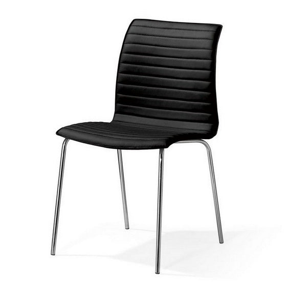 Set of 4 Dining Chair, Horizontal Tufted Black Faux Leather, Chrome -BM334647