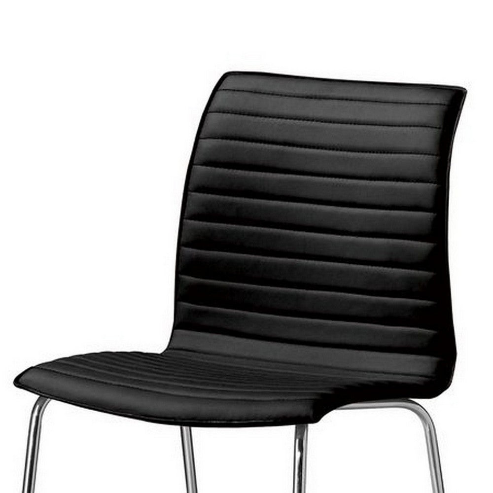 Set of 4 Dining Chair, Horizontal Tufted Black Faux Leather, Chrome -BM334647