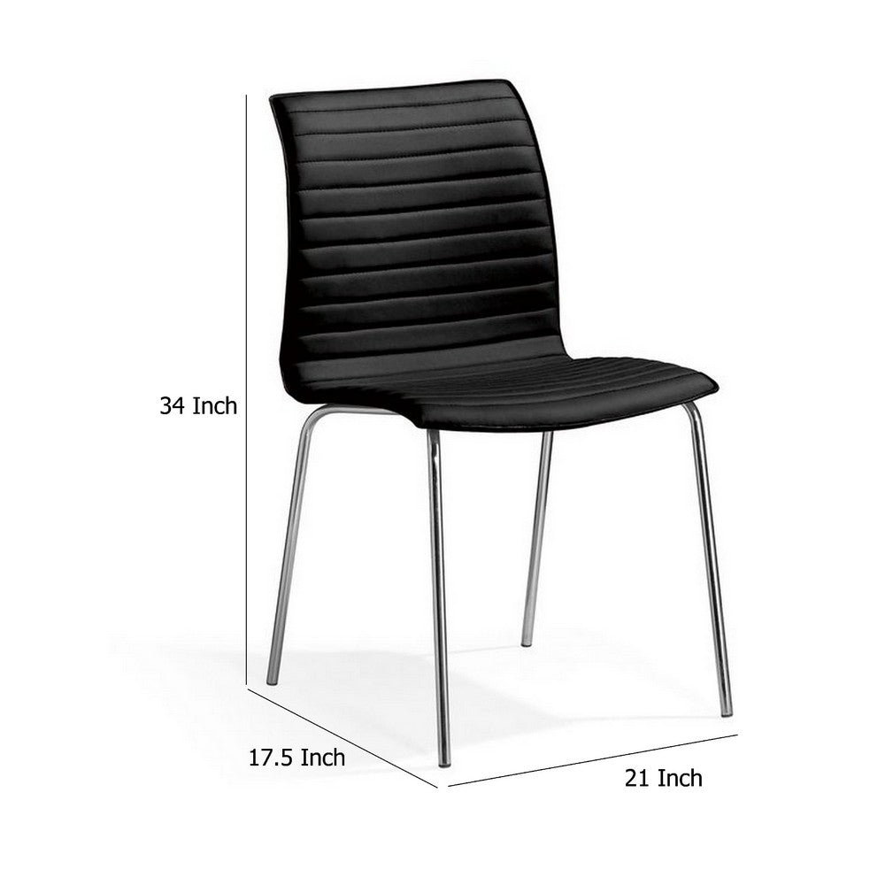 Set of 4 Dining Chair, Horizontal Tufted Black Faux Leather, Chrome -BM334647