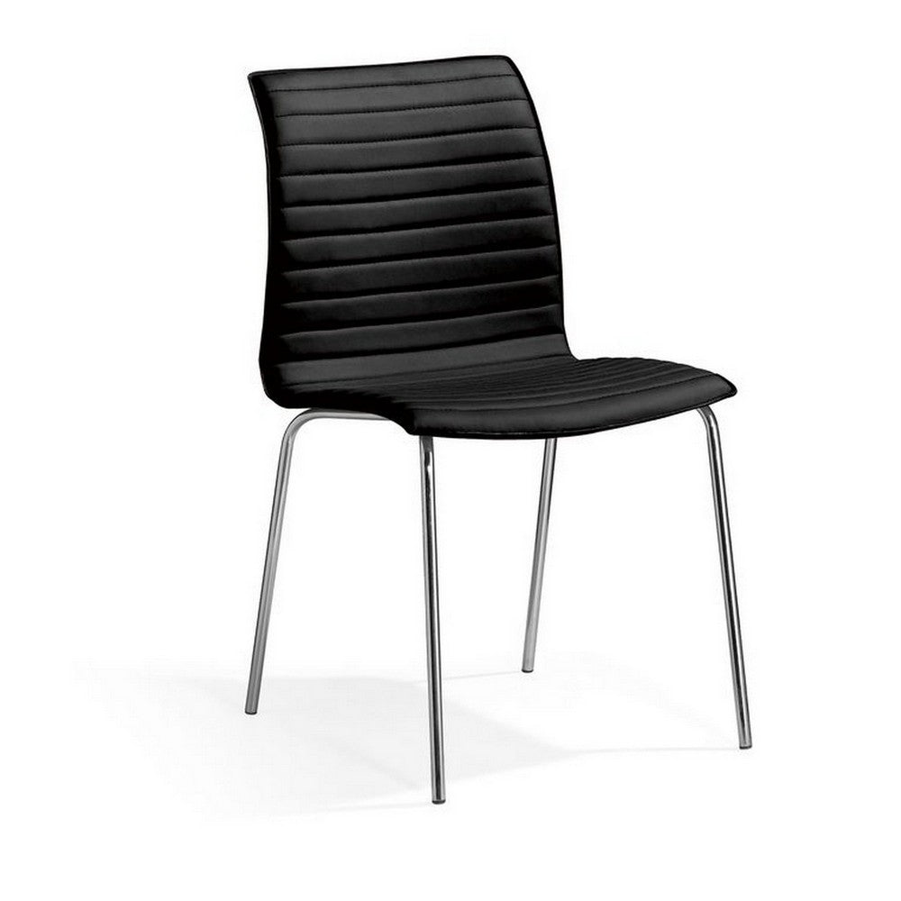 Set of 4 Dining Chair, Horizontal Tufted Black Faux Leather, Chrome -BM334647