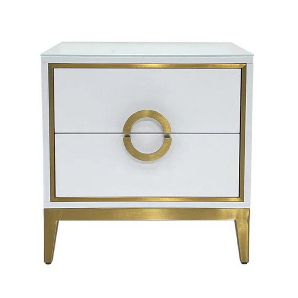 Nightstand, 20 Inch, 2 Drawers with Luxe Gold Metal Handles, White -BM334693