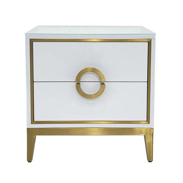 Nightstand, 20 Inch, 2 Drawers with Luxe Gold Metal Handles, White -BM334693