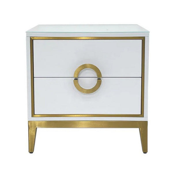 Nightstand, 20 Inch, 2 Drawers with Luxe Gold Metal Handles, White -BM334693