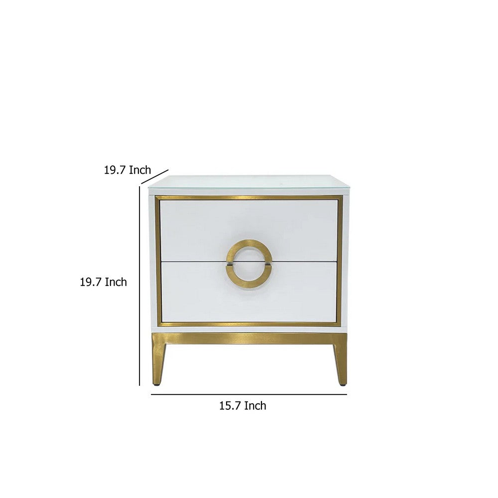 Nightstand, 20 Inch, 2 Drawers with Luxe Gold Metal Handles, White -BM334693