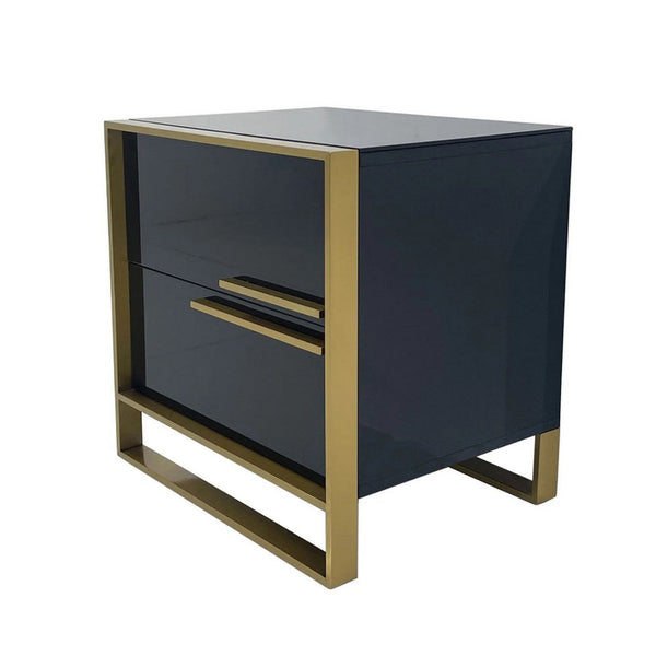 Boko Nightstand, 2 Drawers w Luxe Gold Metal Handles, 20 Inch, Black -BM334694