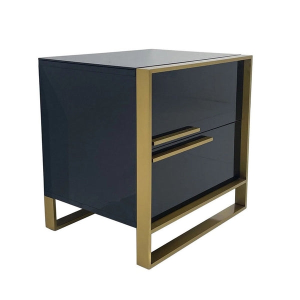 Boko Nightstand, 2 Drawers w Luxe Gold Metal Handles, 20 Inch, Black -BM334694