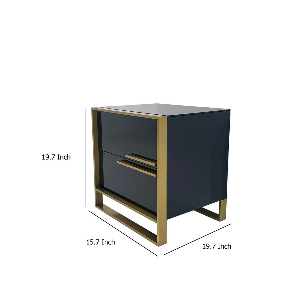 Boko Nightstand, 2 Drawers w Luxe Gold Metal Handles, 20 Inch, Black -BM334694