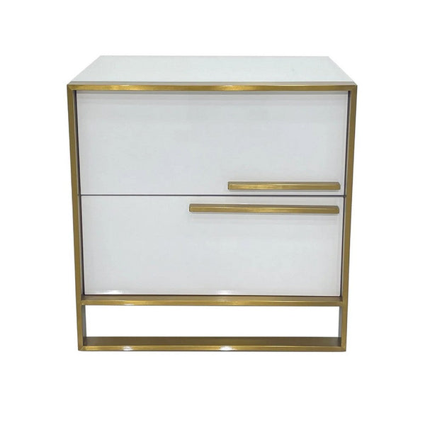 Boko Nightstand, 2 Drawers w Modern Gold Metal Handles, 20 Inch White -BM334695