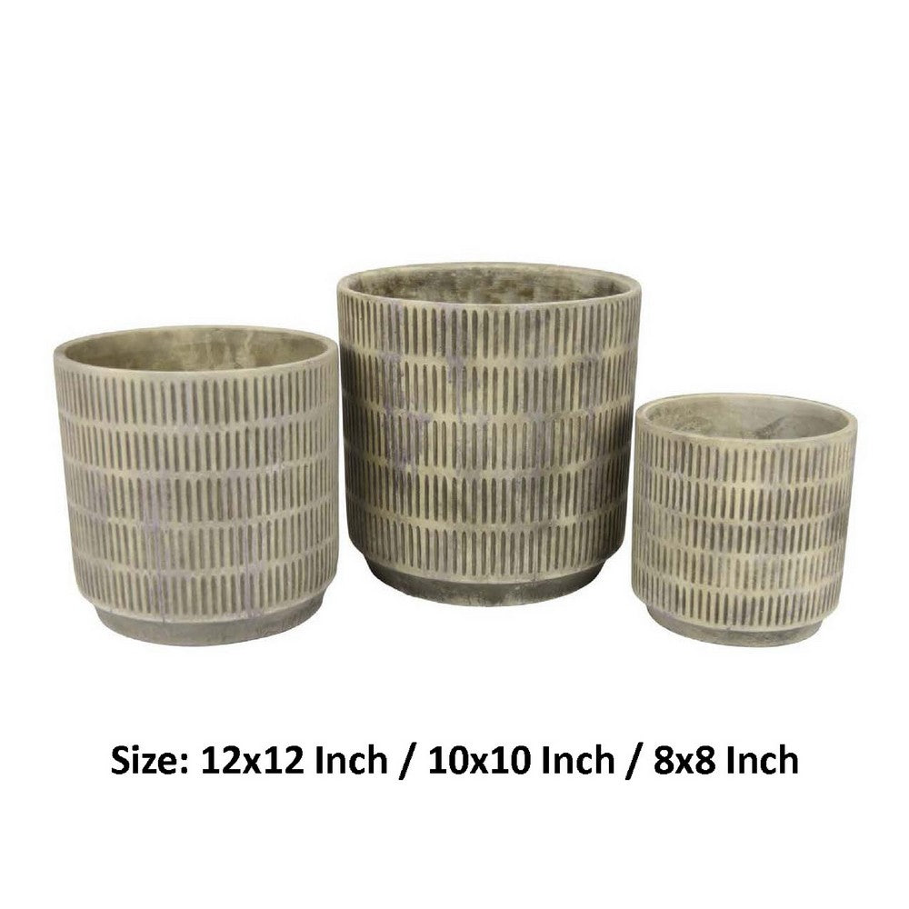 Zeri 3pc Planter Set, Ribbed Grooved Gray Terracotta, 8,10,12 Inch -BM334796