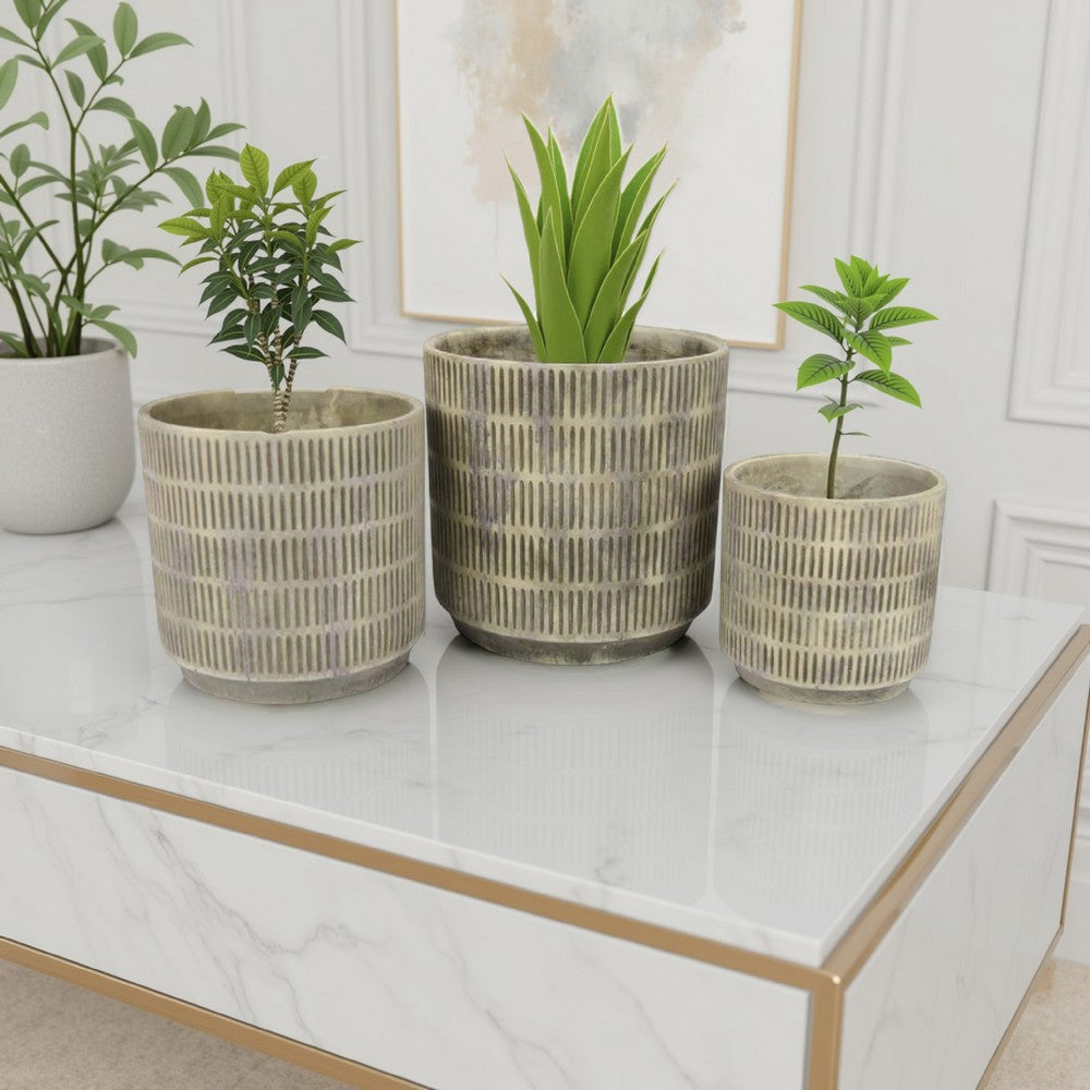 Zeri 3pc Planter Set, Ribbed Grooved Gray Terracotta, 8,10,12 Inch -BM334796