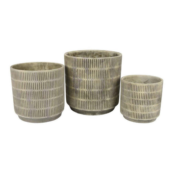 Zeri 3pc Planter Set, Ribbed Grooved Gray Terracotta, 8,10,12 Inch -BM334796