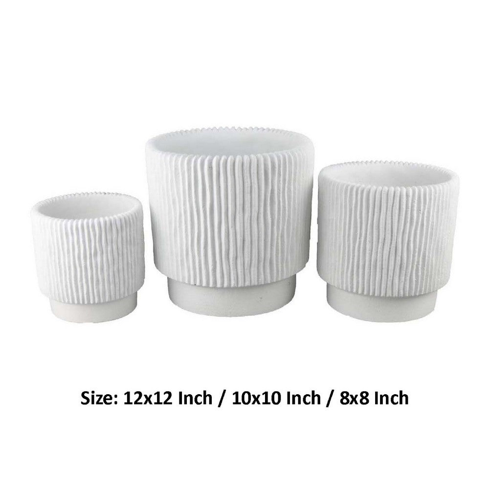 Zeri 3pc Planter Set, Ribbed Grooved White Terracotta, 8,10,12 Inch -BM334797