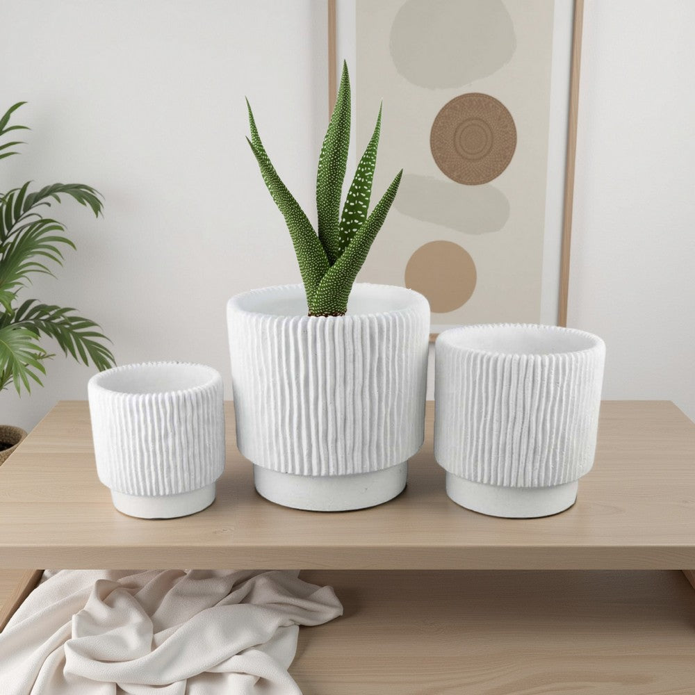 Zeri 3pc Planter Set, Ribbed Grooved White Terracotta, 8,10,12 Inch -BM334797