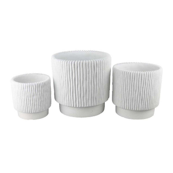 Zeri 3pc Planter Set, Ribbed Grooved White Terracotta, 8,10,12 Inch -BM334797