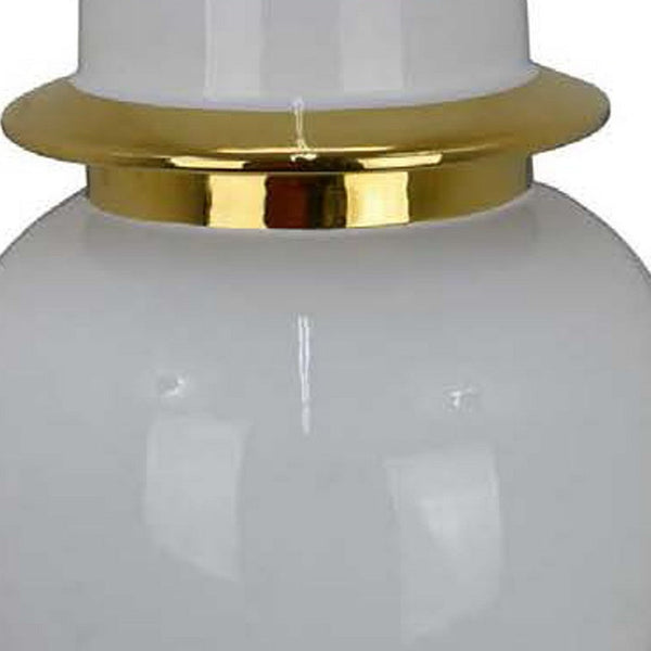 Risy Covered Jar, 34 Inch, Gold Finial, White Curved Ceramic Base -BM334808