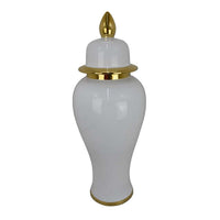 Risy Covered Jar, 34 Inch, Gold Finial, White Curved Ceramic Base -BM334808