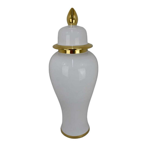 Risy Covered Jar, 34 Inch, Gold Finial, White Curved Ceramic Base -BM334808
