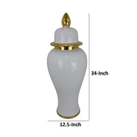 Risy Covered Jar, 34 Inch, Gold Finial, White Curved Ceramic Base -BM334808