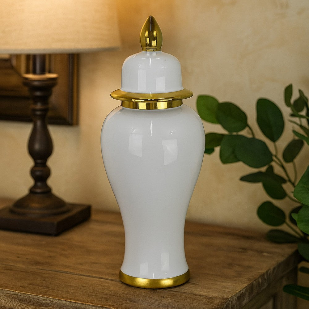 Risy Covered Jar, 34 Inch, Gold Finial, White Curved Ceramic Base -BM334808