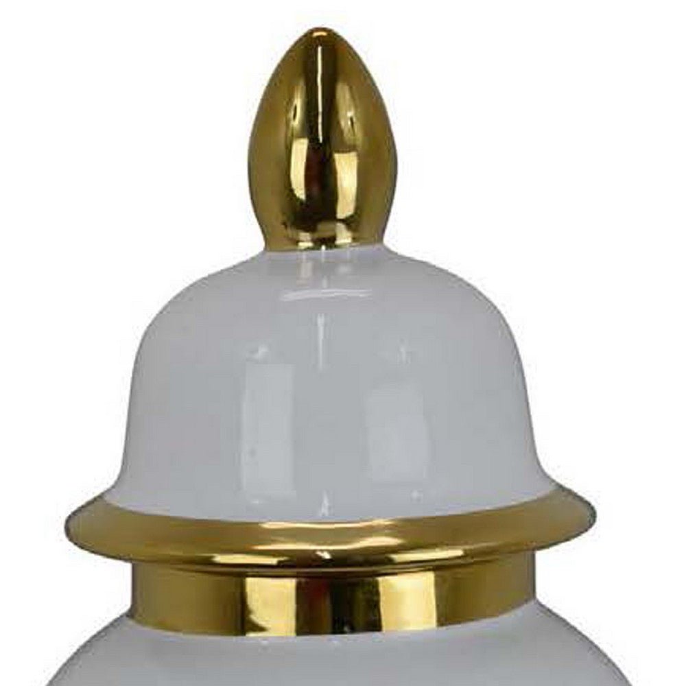Risy Covered Jar, 24 Inch, Gold Finial, White Curved Ceramic Base -BM334809