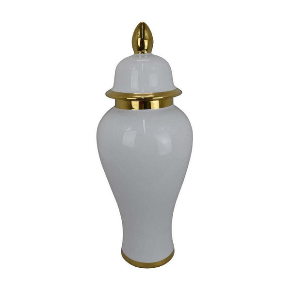 Risy Covered Jar, 24 Inch, Gold Finial, White Curved Ceramic Base -BM334809