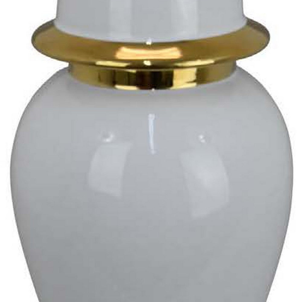 Risy Covered Jar, 17 Inch, Gold Finial, White Curved Ceramic Base -BM334810