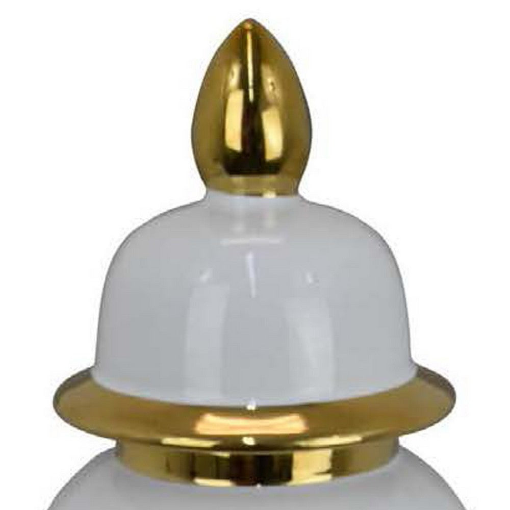 Risy Covered Jar, 17 Inch, Gold Finial, White Curved Ceramic Base -BM334810