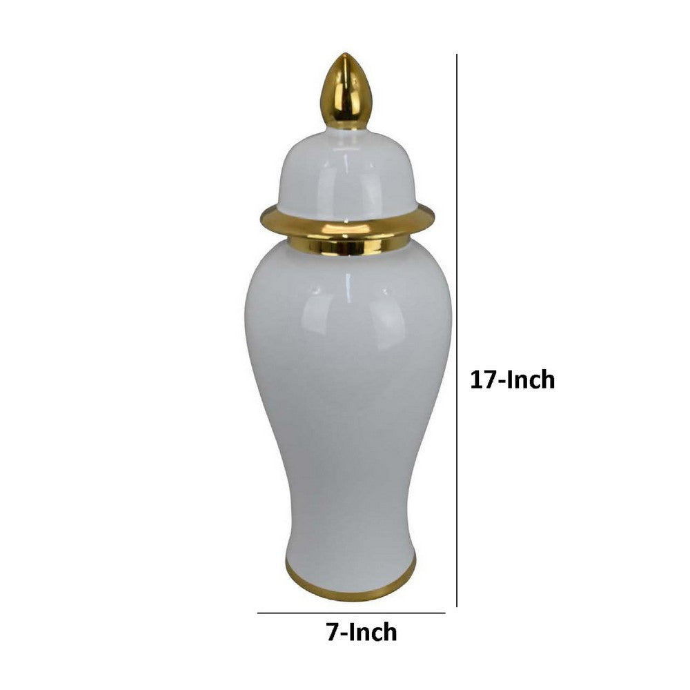 Risy Covered Jar, 17 Inch, Gold Finial, White Curved Ceramic Base -BM334810