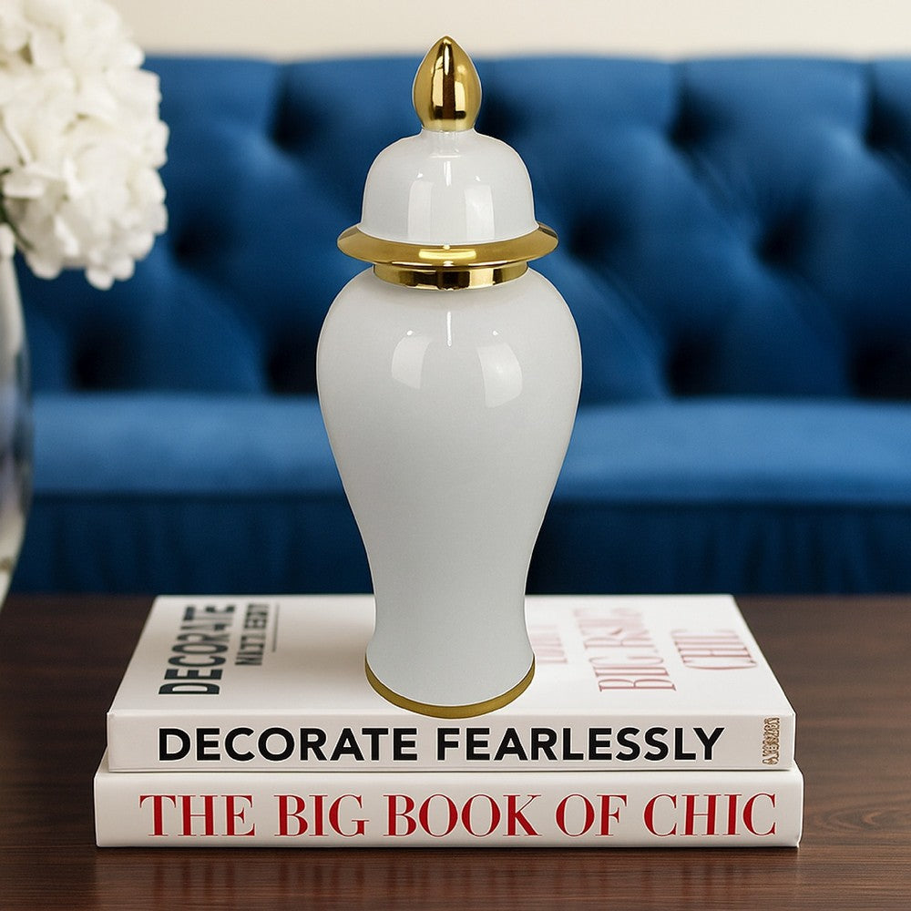Risy Covered Jar, 17 Inch, Gold Finial, White Curved Ceramic Base -BM334810