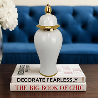 Risy Covered Jar, 17 Inch, Gold Finial, White Curved Ceramic Base -BM334810