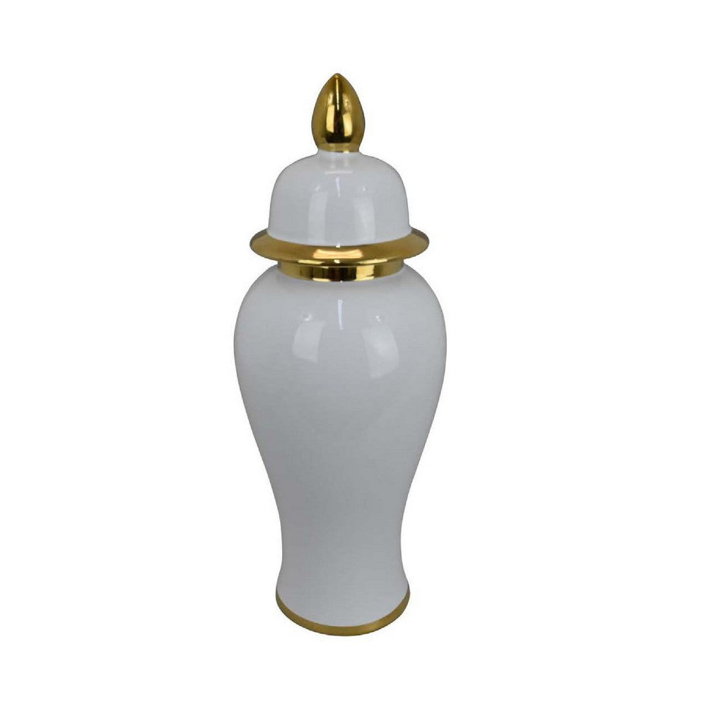 Risy Covered Jar, 17 Inch, Gold Finial, White Curved Ceramic Base -BM334810