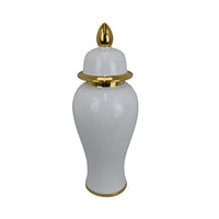 Risy Covered Jar, 17 Inch, Gold Finial, White Curved Ceramic Base -BM334810