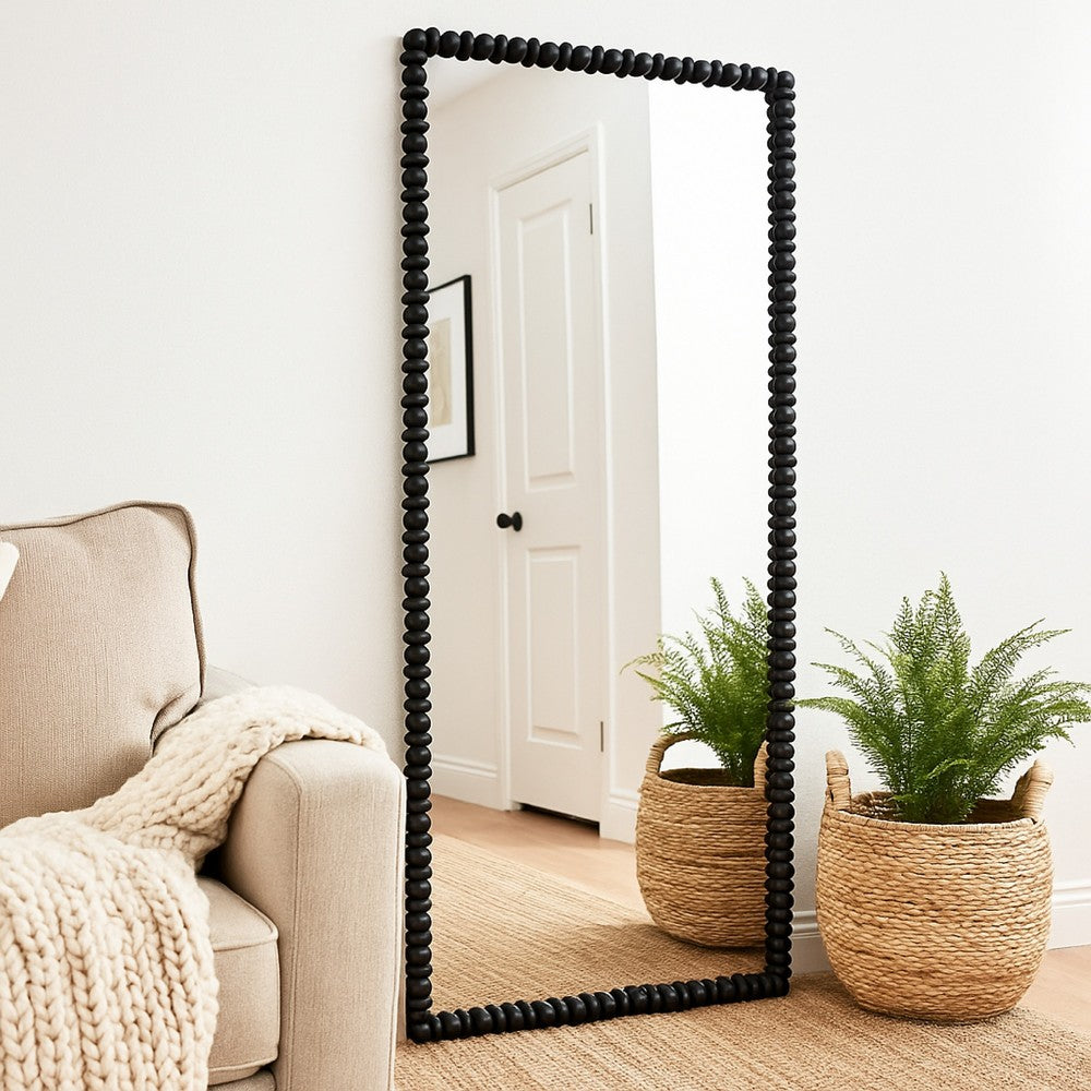 Perz Floor Mirror, 72 Inch, Rectangular Shaped Black Beaded Wood Frame -BM334812