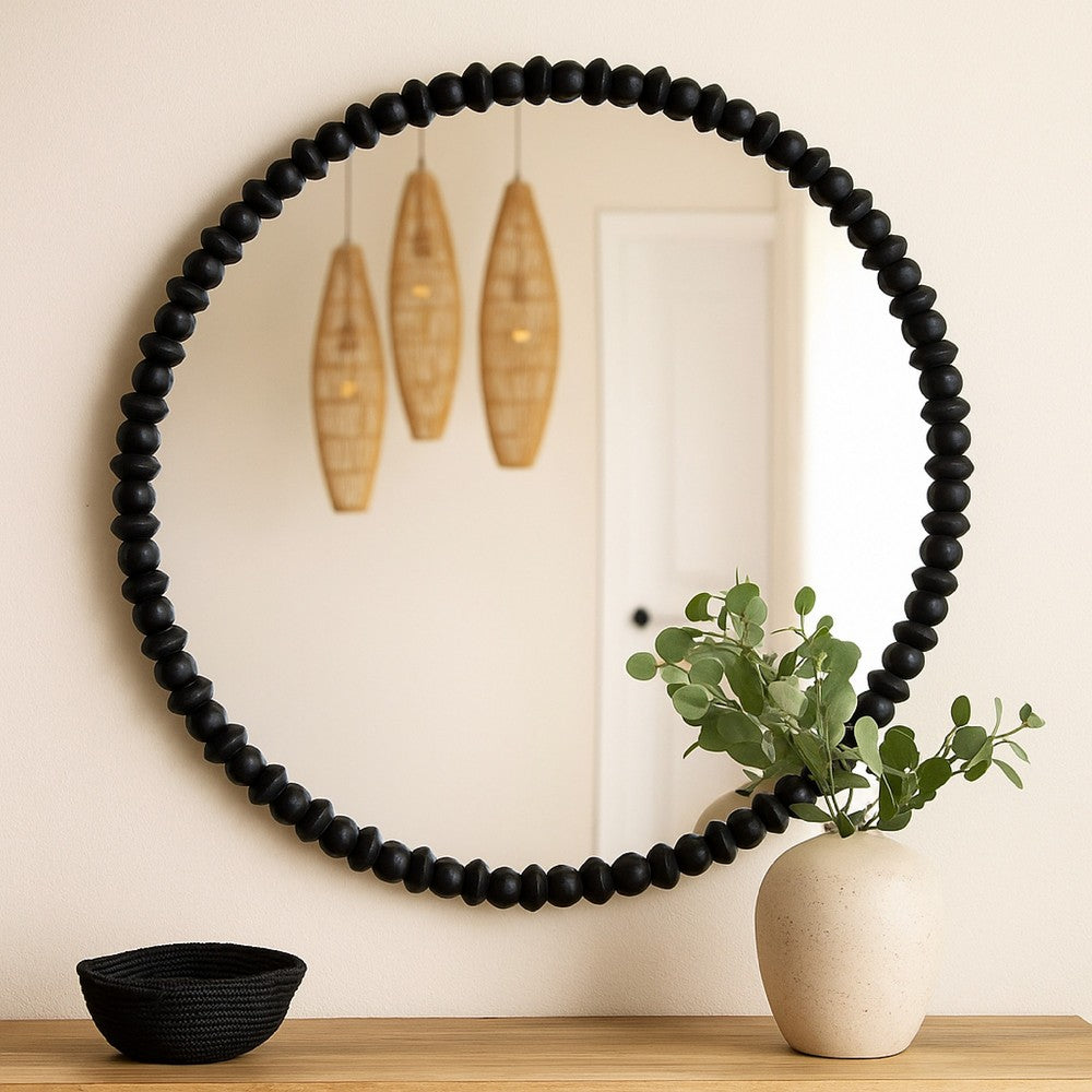 Perz Wall Mirror, 36 Inch Round with Black Beaded Wood Frame -BM334813