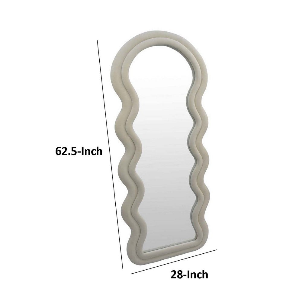 Izy Floor Mirror, 63 Inch, Light Beige Wavy Abstract Frame, Wood -BM334814