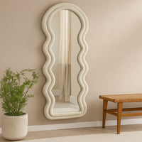 Izy Floor Mirror, 63 Inch, Light Beige Wavy Abstract Frame, Wood -BM334814