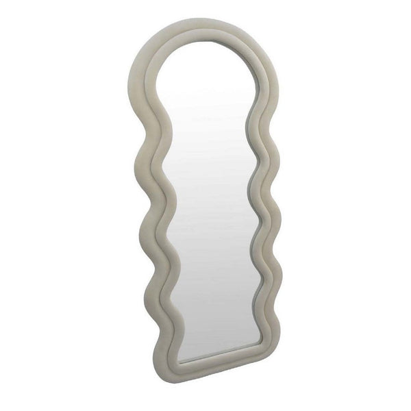 Izy Floor Mirror, 63 Inch, Light Beige Wavy Abstract Frame, Wood -BM334814