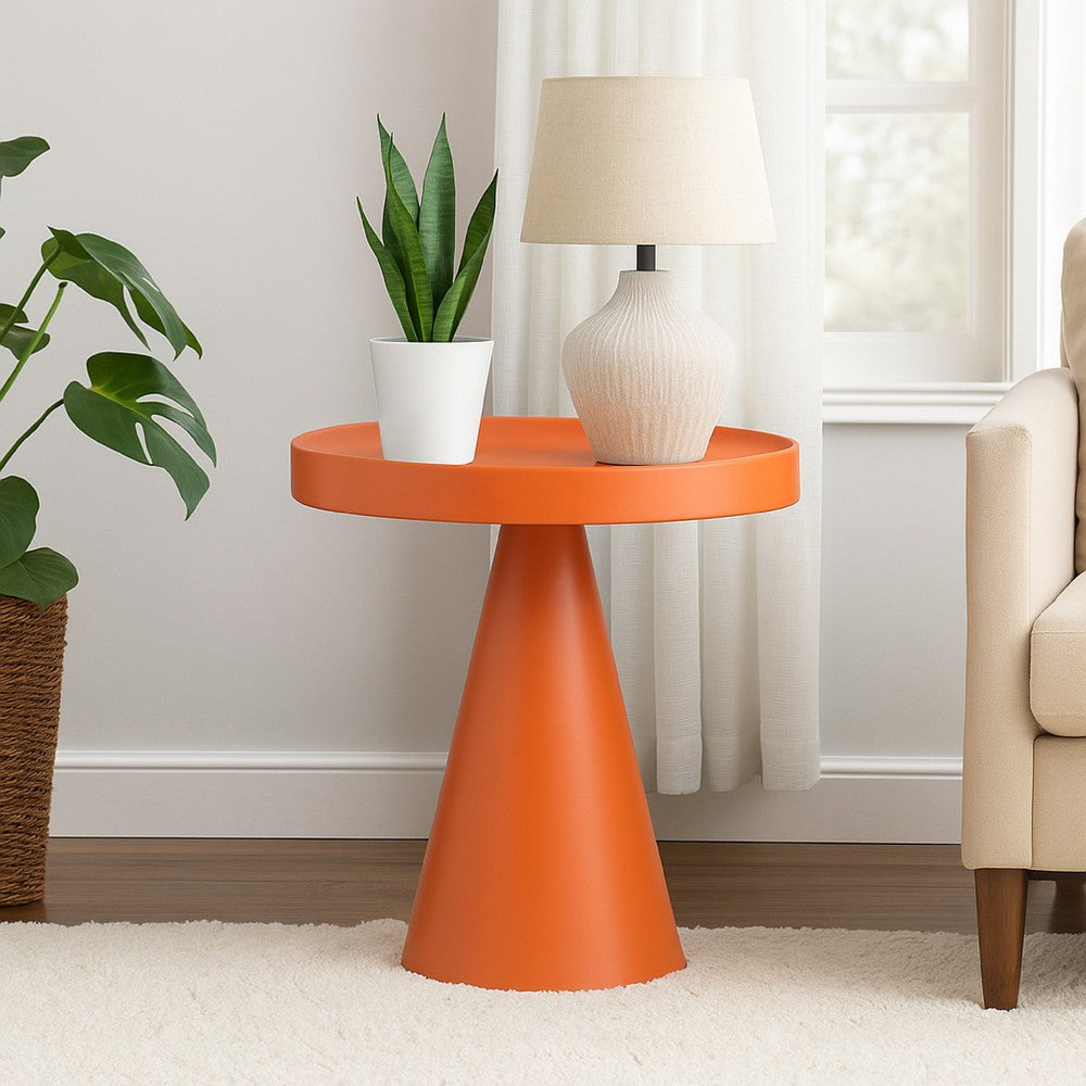 Plant Stand Table, 19 Inch Round Top Cone Pedestal Base, Orange Metal -BM334817