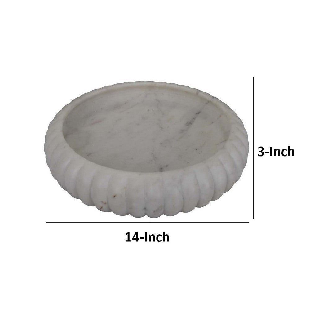 Modern Decorative Bowl, 14 Inch Textured Tray Edge, White Marble -BM334818