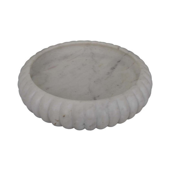 Modern Decorative Bowl, 14 Inch Textured Tray Edge, White Marble -BM334818